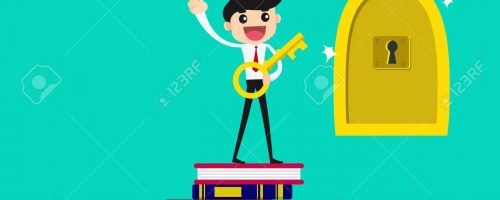 99395343-knowledge-is-success-key-businessman-standing-on-the-book-try-to-unlock-the-door-by-a-key-vector-ill